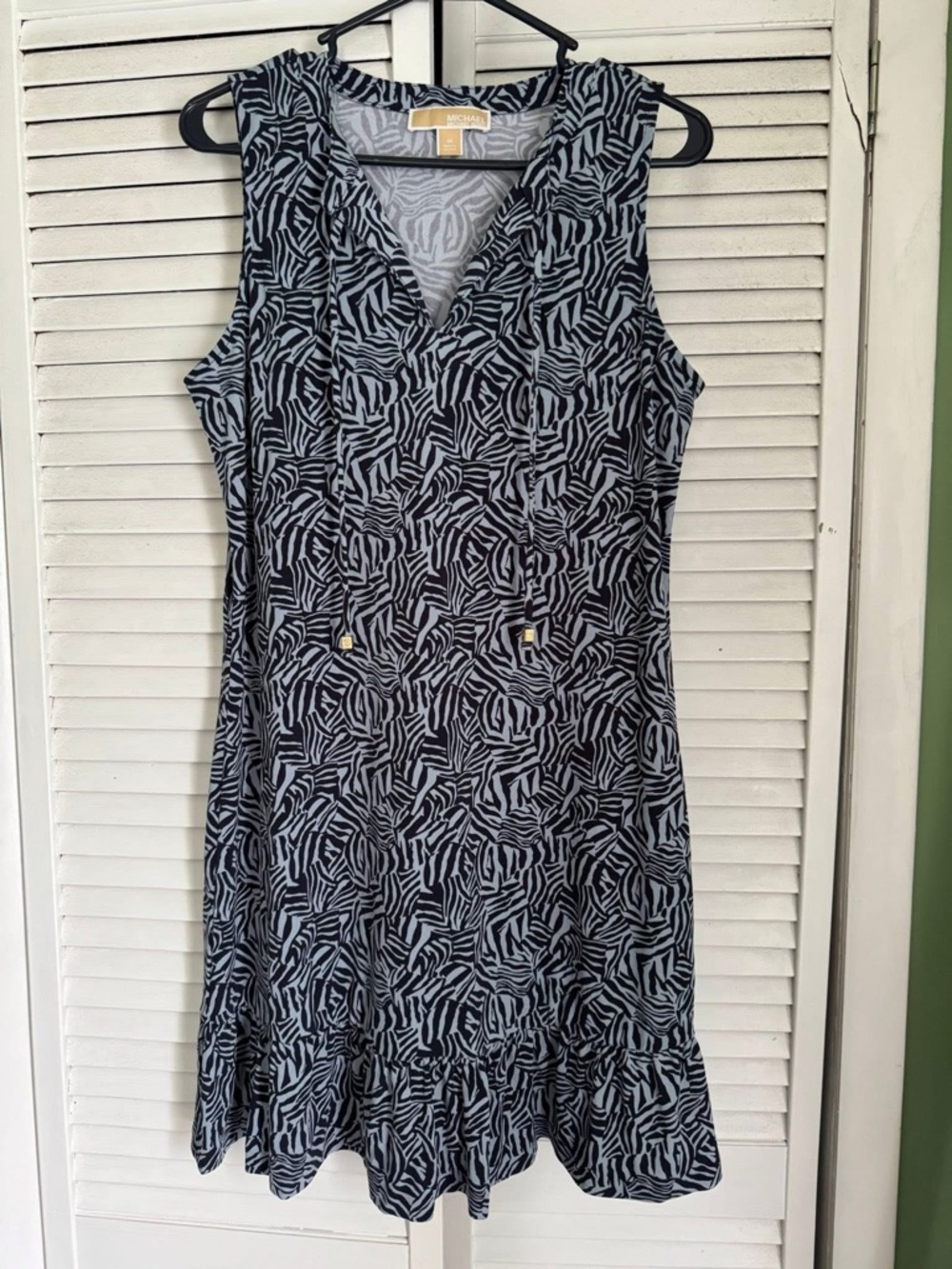 Michael Kors Black and Light Blue Zebra-Print Sleeveless Midi Dress